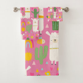 ラマスレインボーズグリーンサボテン軽ガーリーピンクかわいい バスタオルセット