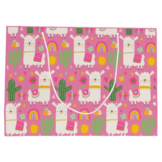ラマスレインボーズグリーンサボテン軽ガーリーピンクかわいい ラージペーパーバッグ (裏面)