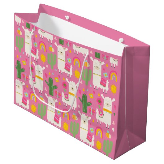 ラマスレインボーズグリーンサボテン軽ガーリーピンクかわいい ラージペーパーバッグ (正面アングル)