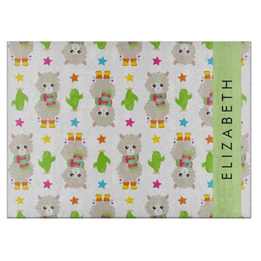 ラマス、アルパカス、サボテン、あなたの名前のパターン カッティングボード (正面)