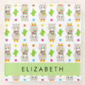 ラマス、アルパカス、サボテン、あなたの名前のパターン ガラスコースター (正面)