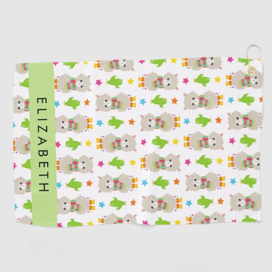 ラマス、アルパカス、サボテン、あなたの名前のパターン ゴルフタオル (横)