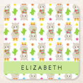 ラマス、アルパカス、サボテン、あなたの名前のパターン スクエアペーパーコースター (正面)