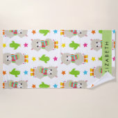 ラマス、アルパカス、サボテン、あなたの名前のパターン ビーチタオル (正面)