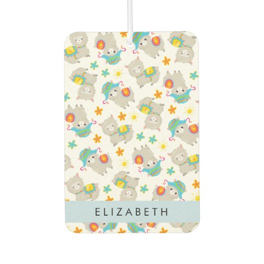 ラマス、アルパカ、花、あなたの名前のパターン カーエアーフレッシュナー (正面)