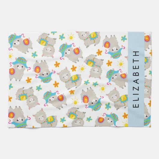 ラマス、アルパカ、花、あなたの名前のパターン キッチンタオル (横)
