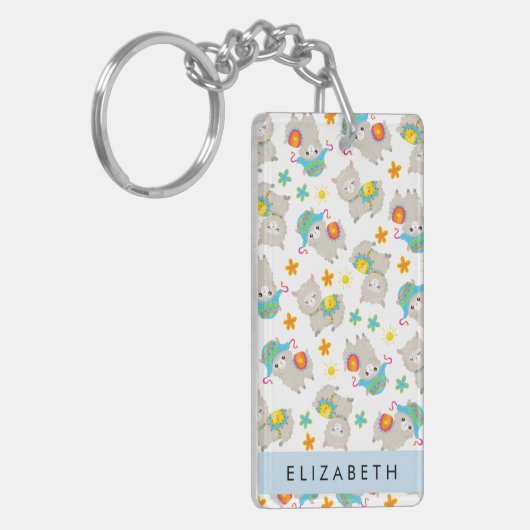 ラマス、アルパカ、花、あなたの名前のパターン キーホルダー (正面左)