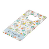 ラマス、アルパカ、花、あなたの名前のパターン クレジットカード栓抜き (裏面アングル)