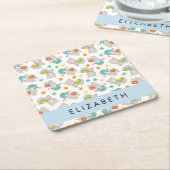 ラマス、アルパカ、花、あなたの名前のパターン スクエアペーパーコースター (アングル)