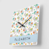 ラマス、アルパカ、花、あなたの名前のパターン スクエア壁時計 (傾斜)