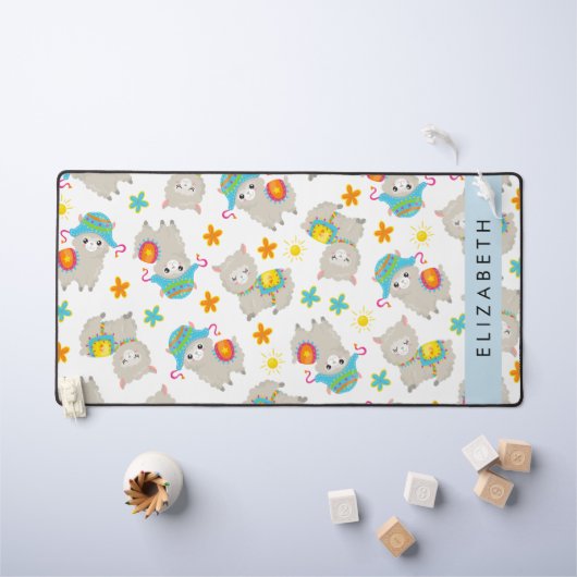 ラマス、アルパカ、花、あなたの名前のパターン デスクマット (キッズテーブル)