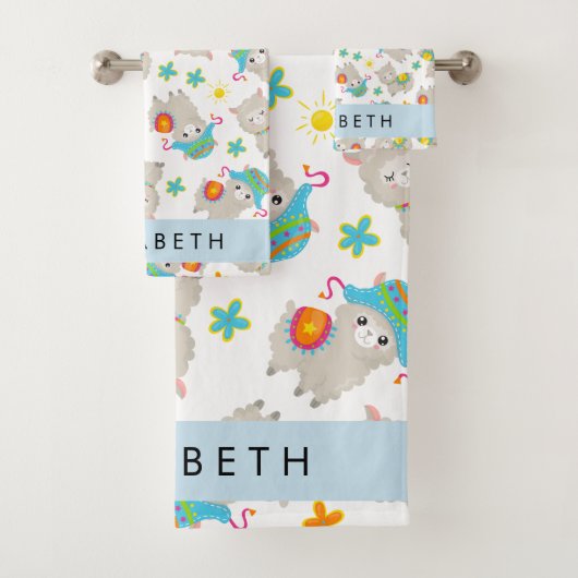 ラマス、アルパカ、花、あなたの名前のパターン バスタオルセット (インサイチュ)
