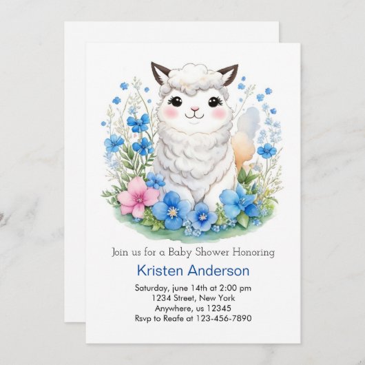 ラマズワイルドフラワーお洒落魔法ボーイ赤ちゃんシャワー 招待状 (正面/裏面)