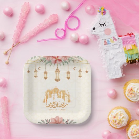 ラマダンカレエムイフタールフローラウォーターカラーランタン ペーパープレート (パーティー)