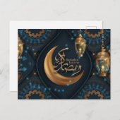 ラマダンムバラク金ゴールドクレセントアラビア文字パターンブルー シーズンポストカード (正面/裏面)