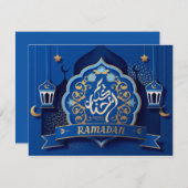 ラマダン・ムバラクアラビア書道パターンブルー シーズンカード (正面/裏面)