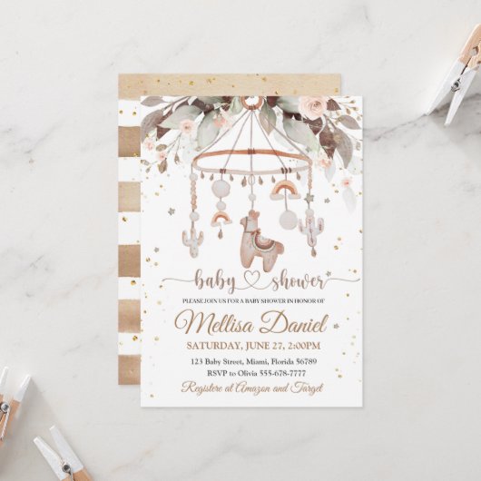 ラマトイズボホ招待ベビーシャワーアルパックボホ 招待状 (正面/裏面インサイチュ)