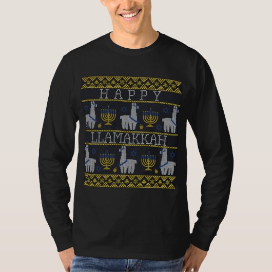 ラマハヌカーおもしろい醜いクリスマスセーター幸せ Tシャツ (正面)
