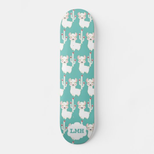 ラマパターン(ティール(緑がかった色)の背景) スケートボード (正面)