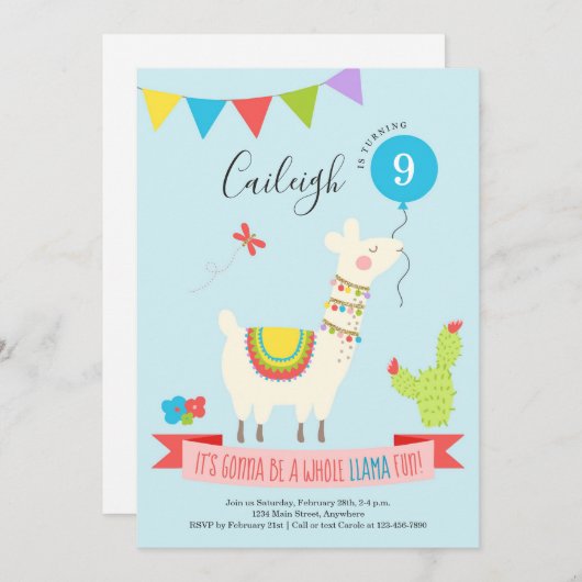 ラマパーソナライズされた砂漠をテーマにした誕生日パーティー 招待状 (正面/裏面)