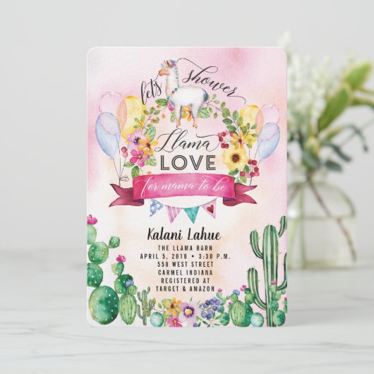 ラマパーティーウォーターカラーベビーシャワー招待状 招待状 (スタンド正面)