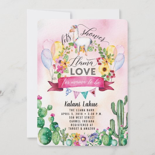 ラマパーティーウォーターカラーベビーシャワー招待状 招待状 (正面)