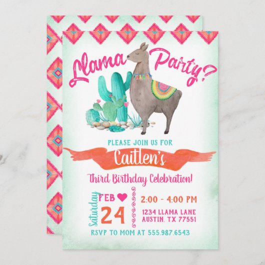 ラマパーティー誕生日招待状ピンクオレンジ 招待状 (正面/裏面)