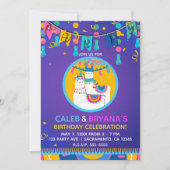 ラマパープルブルーイエローバースデーカラフルタパーティー 招待状 (正面)