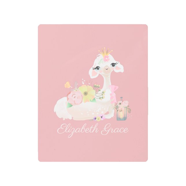 ラマピンクと白と花ガーリー付 メタルプリント (正面)