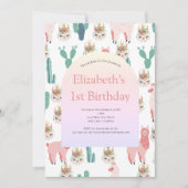 ラマピンクアンドグリーンサボクカワイガール誕生日 招待状 (正面)