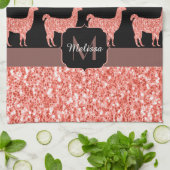 ラマピンクサンゴグリッタースパークルスパターンモノグラム キッチンタオル (折り畳み)