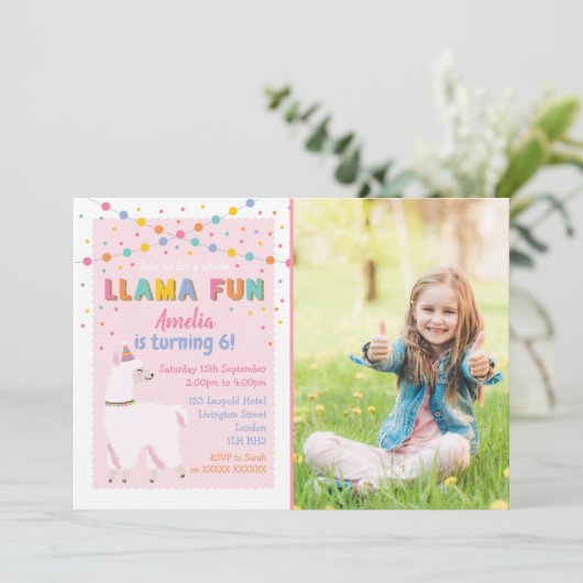 ラマピンク誕生日パーティーフォト招待状 招待状 (スタンド正面)