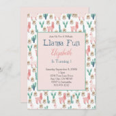 ラマピンク&グリーンサボテンかわいい子供の誕生日 招待状 (正面/裏面)