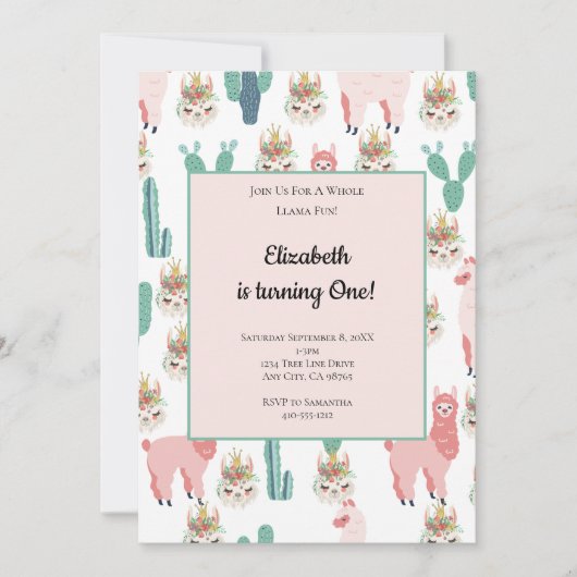 ラマピンク&グリーンサボテンかわいい子供の誕生日 招待状 (正面)