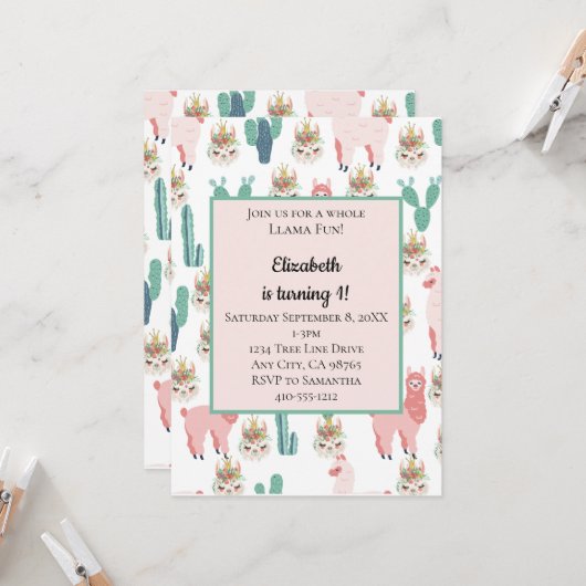 ラマピンク&グリーンサボテンかわいい子供の誕生日 招待状 (正面/裏面インサイチュ)
