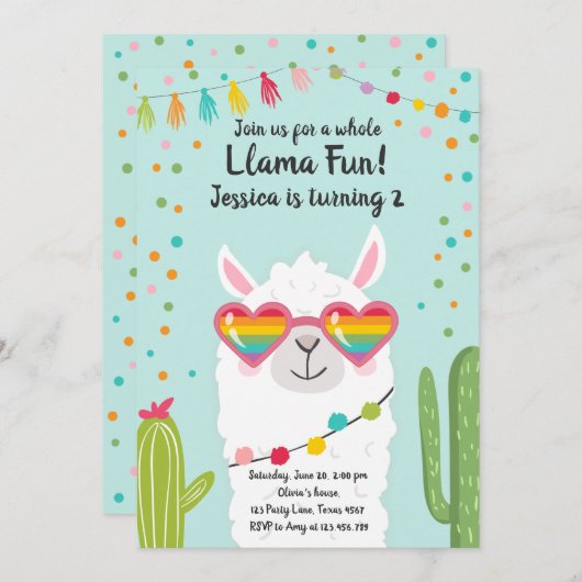 ラマフィエスタハートサングラス誕生日招待状 招待状 (正面/裏面)