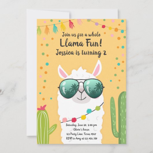 ラマフィエスタ誕生日アルパカフィエスタイエローガール 招待状 (正面)