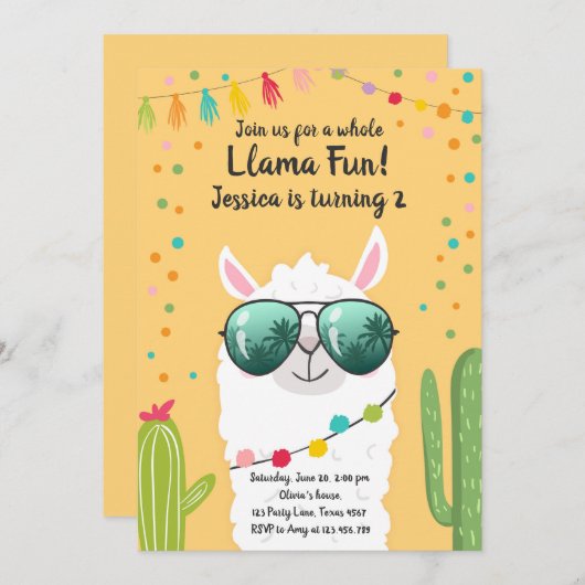 ラマフィエスタ誕生日アルパカフィエスタイエローガール 招待状 (正面/裏面)