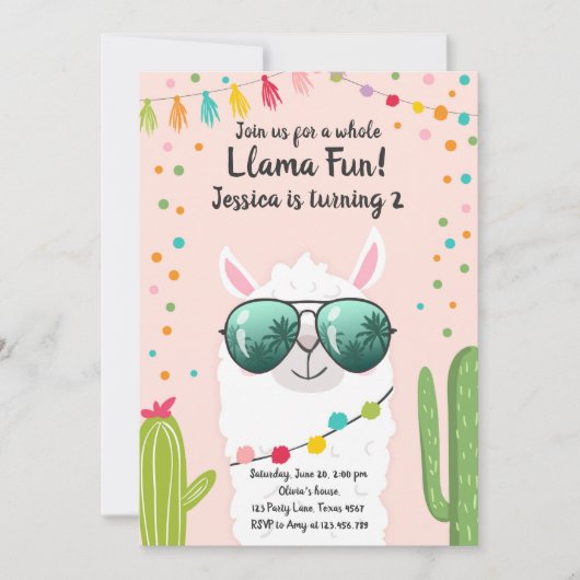 ラマフィエスタ誕生日アルパカフィエスタピンクガール 招待状 (正面)