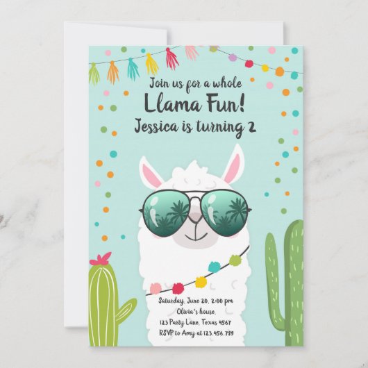 ラマフィエスタ誕生日アルパカフィエスタブルーガール 招待状 (正面)
