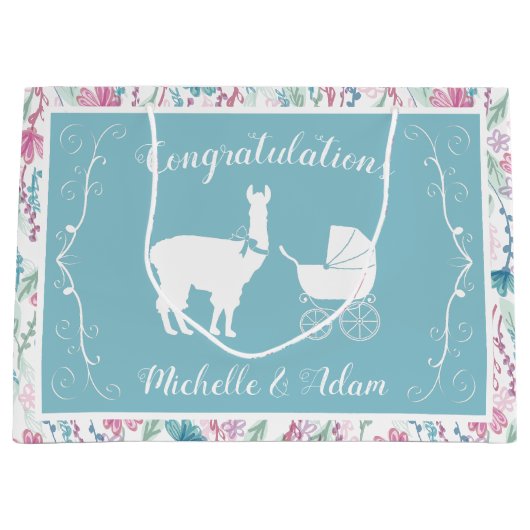 ラマベビーシャワーヴィンテージかわいい ラージペーパーバッグ (正面)