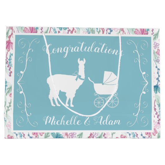 ラマベビーシャワーヴィンテージかわいい ラージペーパーバッグ (裏面)