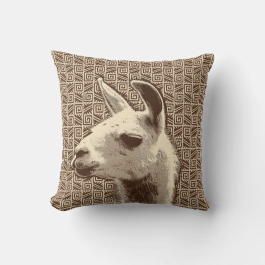ラマポートレートオンアステカパターン、ベージュ、ブラウン クッション (正面)
