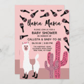 ラママピンクかわいいサボテンMaracaベビーシャワー 招待状 (正面/裏面)