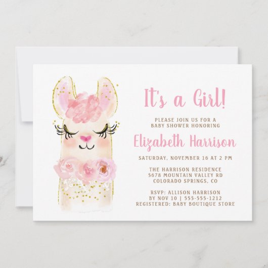 ラママピンクベビーガールシャワー招待状 招待状 (正面)