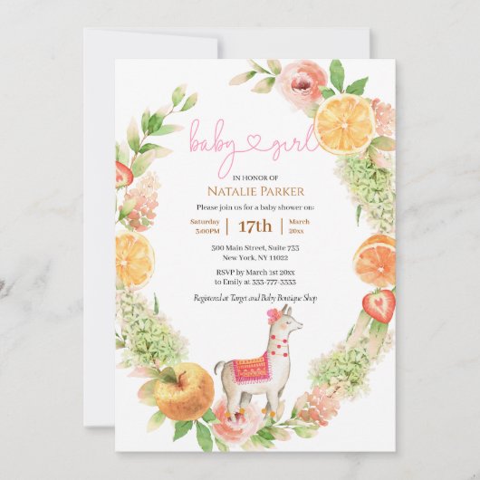 ラマママシトラスフローラグリーンリーベビーガールシャワー 招待状 (正面)
