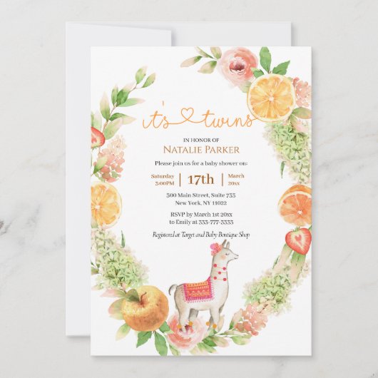 ラマママシトラスフローラグリーンリーベビーツインシャワー 招待状 (正面)