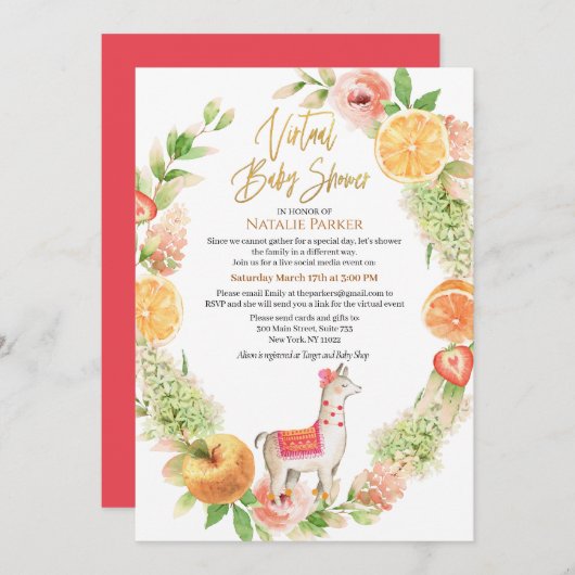 ラマママフローラグリーンリーバーチャルベビーシャワー 招待状 (正面/裏面)