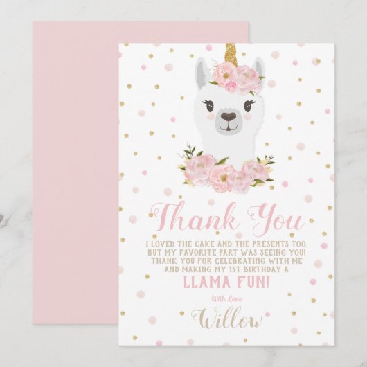 ラマユニコーン感謝カード　フラワーブラッシュガール 招待状 (正面/裏面)