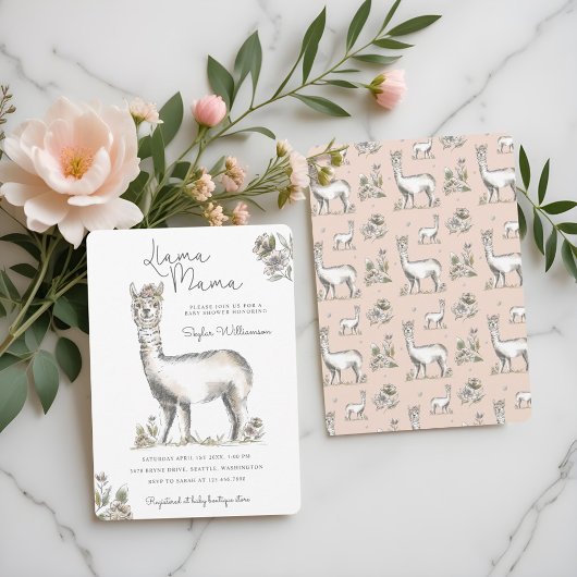 ラマ乳房の水彩ラマのスケッチ赤ちゃんシャワー 招待状